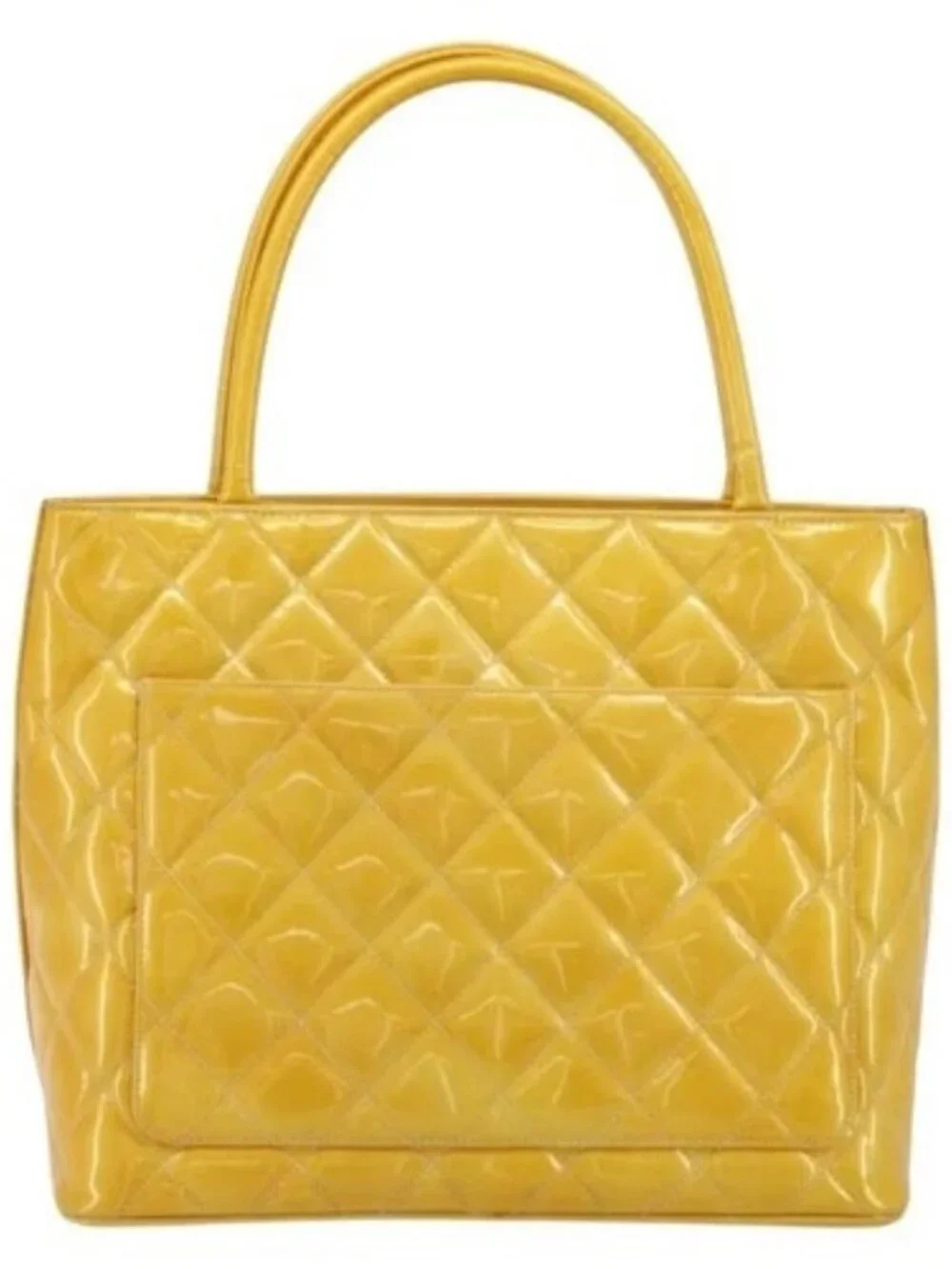 CHANEL Standard Tote Bag Patent leather Yellow CC Auth 177242